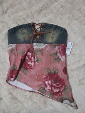 PacSun Denim Lace-Up Bustier with Pink Floral Chiffon Skirt